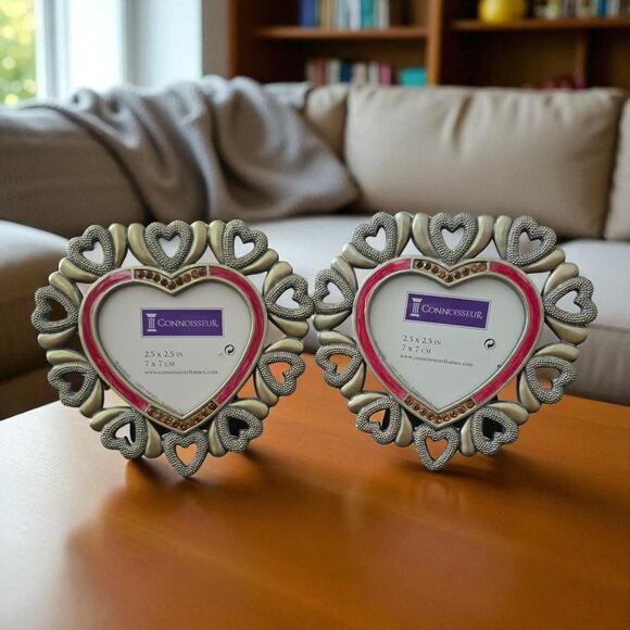 2 Resin Jeweled Heart Shaped Silverstone Photo Picture Frame Holds 2.5"x2.5" - Picture 1 of 4